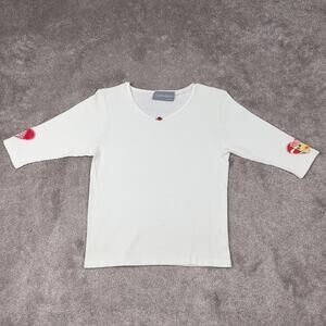 White Heart Appliques Half Sleeve Shirt Size S Blouse Beads Carol Anderson
